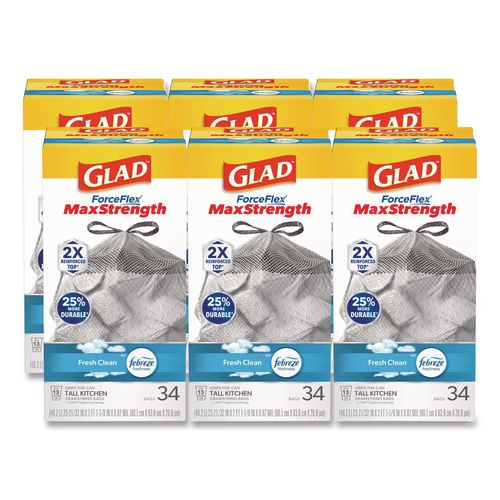Image of Glad® 70320 ForceFlex MaxStrength Tall Kitchen Drawstring Trash Bags, 13 gal, Fresh Clean Scent, 24 x 28, White, 34/Box, 6 Boxes/Carton