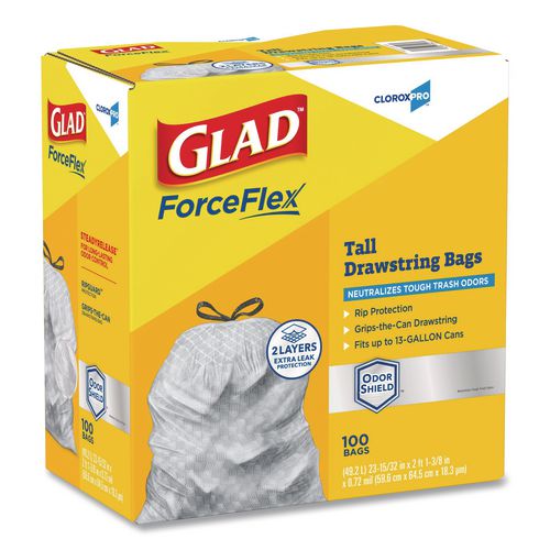 Image of Glad® 70427 CloroxPro ForceFlex Tall Kitchen Drawstring Trash Bags, 13 gal, 23.75 x 24.88, Gray, 100/Box
