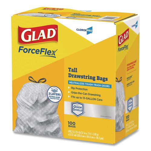 Image of Glad® 70427 CloroxPro ForceFlex Tall Kitchen Drawstring Trash Bags, 13 gal, 23.75 x 24.88, Gray, 100/Box