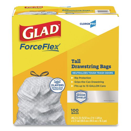 Image of Glad® 70427 CloroxPro ForceFlex Tall Kitchen Drawstring Trash Bags, 13 gal, 23.75 x 24.88, Gray, 100/Box