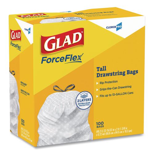Image of Glad® 78526 CloroxPro ForceFlex Tall Kitchen Drawstring Trash Bags, 13 gal, 24 x 27.38, Gray, 100/Box