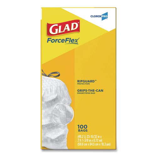 Image of Glad® 78526 CloroxPro ForceFlex Tall Kitchen Drawstring Trash Bags, 13 gal, 24 x 27.38, Gray, 100/Box