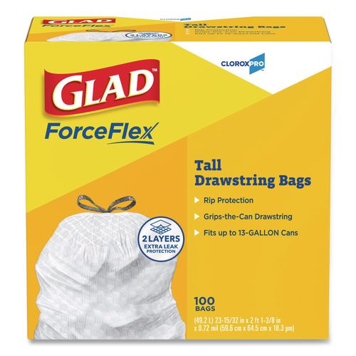 Image of Glad® 78526 CloroxPro ForceFlex Tall Kitchen Drawstring Trash Bags, 13 gal, 24 x 27.38, Gray, 100/Box