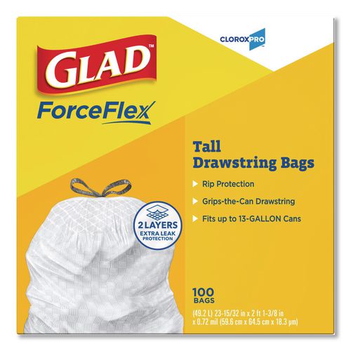 Image of Glad® 78526 CloroxPro ForceFlex Tall Kitchen Drawstring Trash Bags, 13 gal, 24 x 27.38, Gray, 100 Bags/Box, 4 Boxes/Carton