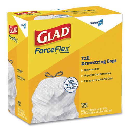 Image of Glad® 78526 CloroxPro ForceFlex Tall Kitchen Drawstring Trash Bags, 13 gal, 24 x 27.38, Gray, 100 Bags/Box, 4 Boxes/Carton