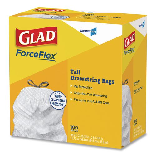 Image of Glad® 78526 CloroxPro ForceFlex Tall Kitchen Drawstring Trash Bags, 13 gal, 24 x 27.38, Gray, 100 Bags/Box, 4 Boxes/Carton