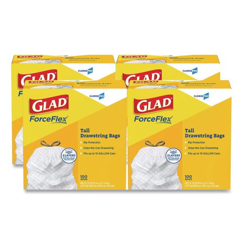 Image of Glad® 78526 CloroxPro ForceFlex Tall Kitchen Drawstring Trash Bags, 13 gal, 24 x 27.38, Gray, 100 Bags/Box, 4 Boxes/Carton