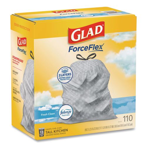 Image of Glad® 78563 ForceFlex Tall Kitchen Drawstring Trash Bags, Drawstring, 13 gal, Fresh Clean Scent, 10.19 x 9.81, Gray, 110/Roll, 3/Carton