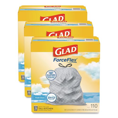 Image of Glad® 78563 ForceFlex Tall Kitchen Drawstring Trash Bags, Drawstring, 13 gal, Fresh Clean Scent, 10.19 x 9.81, Gray, 110/Roll, 3/Carton