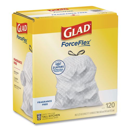 Image of Glad® 78939 Tall Kitchen Drawstring Trash Bags with LeakGuard, 13 gal, Unscented, 23.47" x 25.38", White, 120/Box