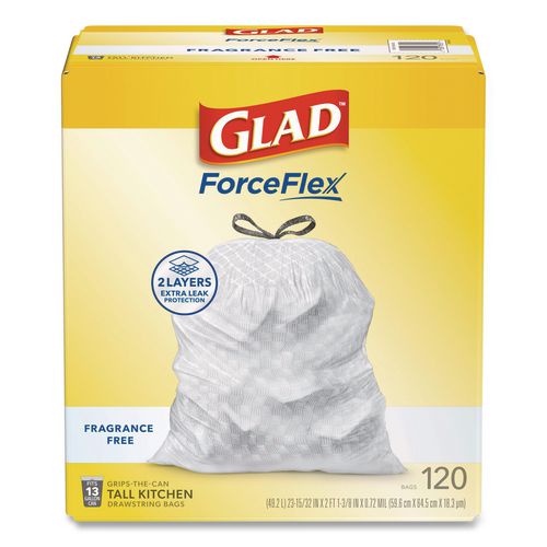Image of Glad® 78939 Tall Kitchen Drawstring Trash Bags with LeakGuard, 13 gal, Unscented, 23.47" x 25.38", White, 120/Box