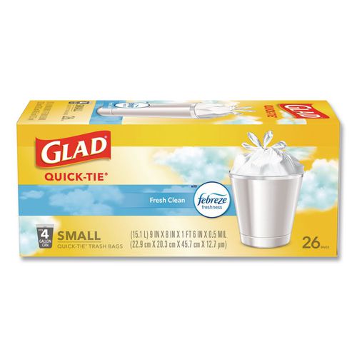 Image of Glad® 78812 OdorShield Quick-Tie Small Trash Bags, Tie-Flap, 4 gal, Febreze Fresh Clean Scent, 8 x 18, White, 26 Bags/Box, 6 Boxes/Carton