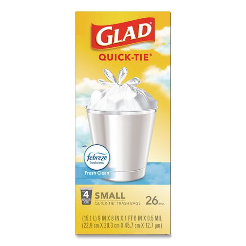 Image of Glad® 78812 OdorShield Quick-Tie Small Trash Bags, Tie-Flap, 4 gal, Febreze Fresh Clean Scent, 8 x 18, White, 26 Bags/Box, 6 Boxes/Carton