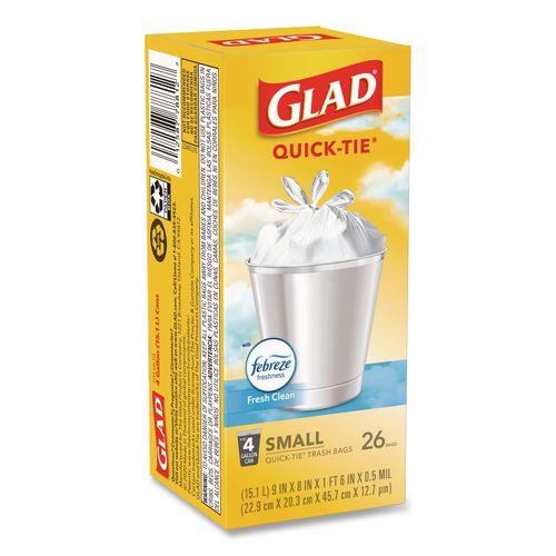 Image of Glad® 78812 OdorShield Quick-Tie Small Trash Bags, Tie-Flap, 4 gal, Febreze Fresh Clean Scent, 8 x 18, White, 26 Bags/Box, 6 Boxes/Carton