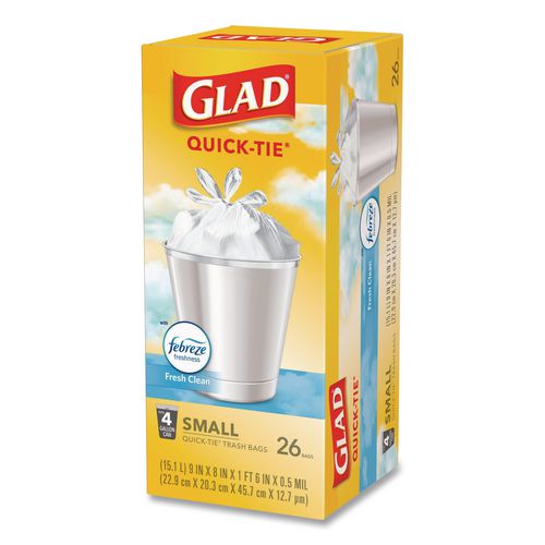 Image of Glad® 78812 OdorShield Quick-Tie Small Trash Bags, Tie-Flap, 4 gal, Febreze Fresh Clean Scent, 8 x 18, White, 26 Bags/Box, 6 Boxes/Carton