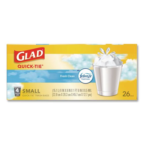 Image of Glad® 78812 OdorShield Quick-Tie Small Trash Bags, Tie-Flap, 4 gal, Febreze Fresh Clean Scent, 8 x 18, White, 26 Bags/Box, 6 Boxes/Carton