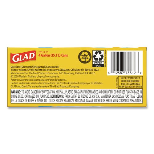 Image of Glad® 78812 OdorShield Quick-Tie Small Trash Bags, Tie-Flap, 4 gal, Febreze Fresh Clean Scent, 8 x 18, White, 26 Bags/Box, 6 Boxes/Carton