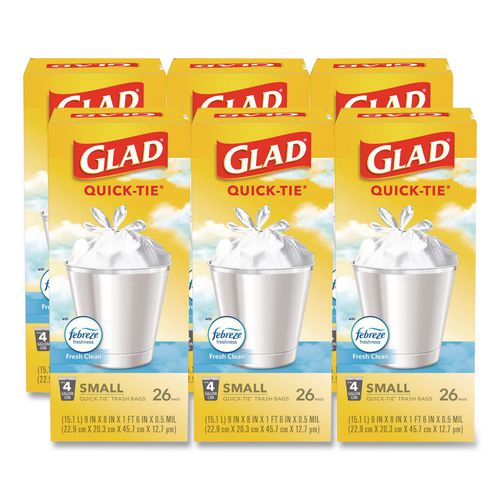 Image of Glad® 78812 OdorShield Quick-Tie Small Trash Bags, Tie-Flap, 4 gal, Febreze Fresh Clean Scent, 8 x 18, White, 26 Bags/Box, 6 Boxes/Carton
