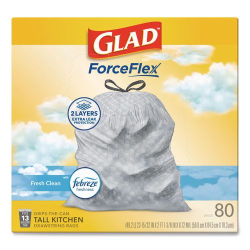 Image of Glad® 78899 ForceFlex Kitchen Drawstring Trash Bags, 13 gal, Fresh Clean Scent, 24" x 27.38", White, 80 Bags/Box, 3 Boxes/Carton