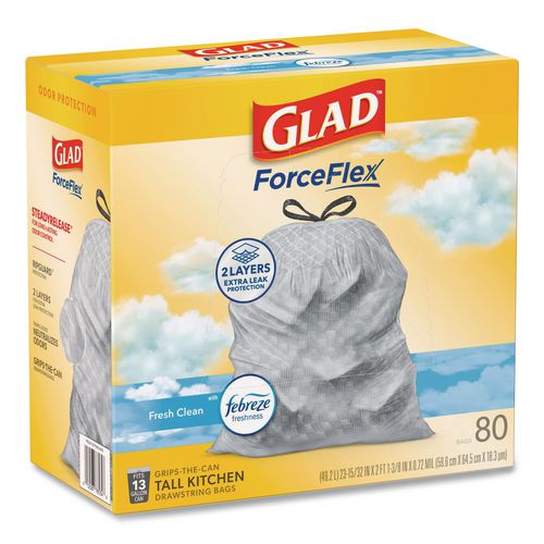 Image of Glad® 78899 ForceFlex Kitchen Drawstring Trash Bags, 13 gal, Fresh Clean Scent, 24" x 27.38", White, 80 Bags/Box, 3 Boxes/Carton