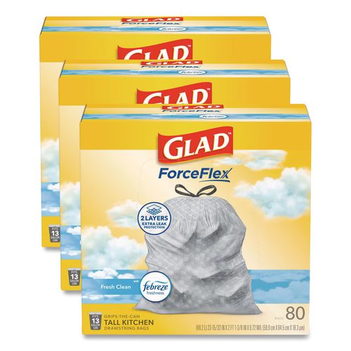 Image of Glad® 78899 ForceFlex Kitchen Drawstring Trash Bags, 13 gal, Fresh Clean Scent, 24" x 27.38", White, 80 Bags/Box, 3 Boxes/Carton
