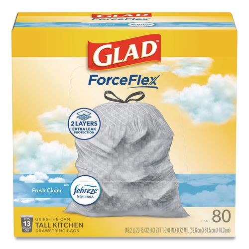 Image of Glad® 78899 ForceFlex Kitchen Drawstring Trash Bags, 13 gal, Gain Fresh Clean Scent, 24 x 27.38, White, 80/Box