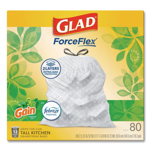Image of Glad® 78900 ForceFlex Kitchen Drawstring Trash Bags, 13 gal, Gain Original Scent, 24" x 27.38", White, 80 Bags/Box, 3 Boxes/Carton