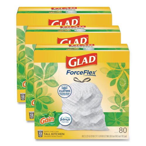Image of Glad® 78900 ForceFlex Kitchen Drawstring Trash Bags, 13 gal, Gain Original Scent, 24" x 27.38", White, 80 Bags/Box, 3 Boxes/Carton