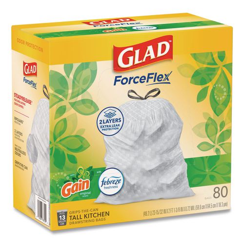 Image of Glad® 78900 ForceFlex Kitchen Drawstring Trash Bags, 13 gal, Gain Original Scent, 24 x 27.38, White, 80/Box