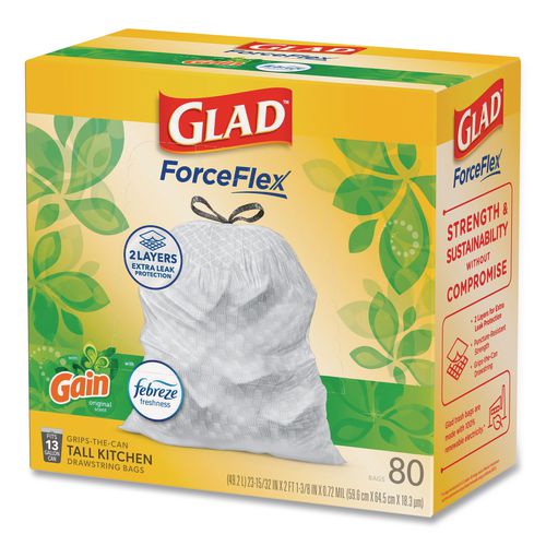 Image of Glad® 78900 ForceFlex Kitchen Drawstring Trash Bags, 13 gal, Gain Original Scent, 24 x 27.38, White, 80/Box