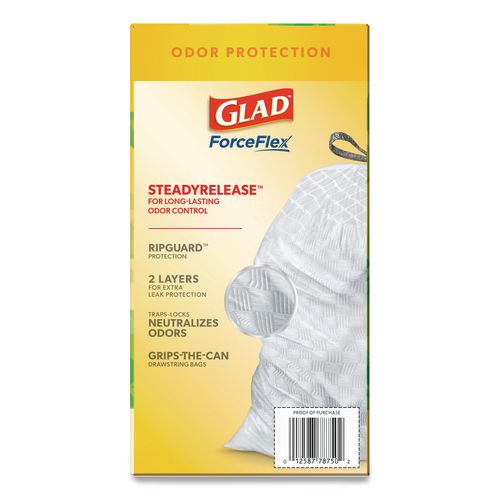 Image of Glad® 78900 ForceFlex Kitchen Drawstring Trash Bags, 13 gal, Gain Original Scent, 24 x 27.38, White, 80/Box