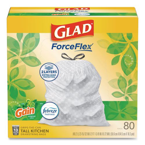 Image of Glad® 78900 ForceFlex Kitchen Drawstring Trash Bags, 13 gal, Gain Original Scent, 24 x 27.38, White, 80/Box