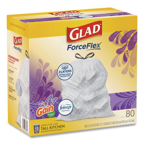 Image of Glad® 78902 ForceFlex Kitchen Drawstring Trash Bags, 13 gal, Gain Lavender Scent, 24 x 27.38, White, 80 Bags/Box, 3 Boxes/Carton