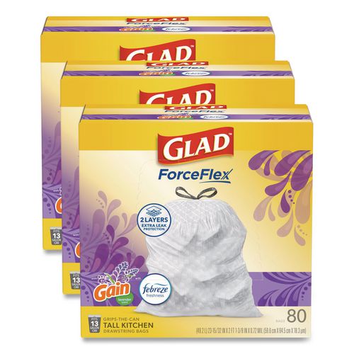 Image of Glad® 78902 ForceFlex Kitchen Drawstring Trash Bags, 13 gal, Gain Lavender Scent, 24 x 27.38, White, 80 Bags/Box, 3 Boxes/Carton
