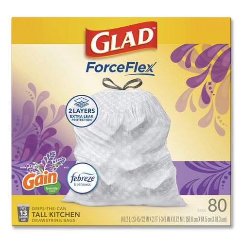 Image of Glad® 78902 ForceFlex Kitchen Drawstring Trash Bags, 13 gal, Gain Lavender with Febreze Freshness, 24 x 27.38, White, 80/Box