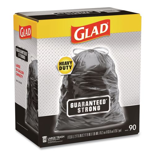 Image of Glad® 78952 Guaranteed Strong Large Drawstring Trash Bags, Three-Ply, 30 gal, 1.05 mil, 30" x 33", Black, 90/Carton