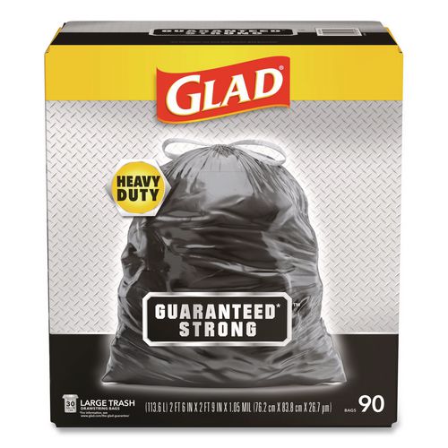 Image of Glad® 78952 Guaranteed Strong Large Drawstring Trash Bags, Three-Ply, 30 gal, 1.05 mil, 30" x 33", Black, 90/Carton