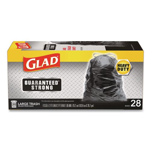 Image of Glad® 78966 Guaranteed Strong Large Drawstring Trash Bags, Three-Ply, 30 gal, 1.05 mil, 30 x 33, Black, 28/Box