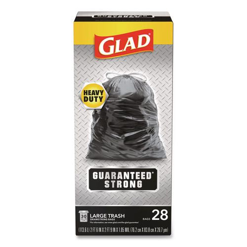 Image of Glad® 78966 Guaranteed Strong Large Drawstring Trash Bags, Three-Ply, 30 gal, 1.05 mil, 30 x 33, Black, 28/Box