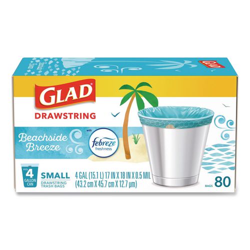 Image of Glad® 79155 OdorShield Small Drawstring Trash Bags, 4 gal, Beachside Breeze Scent, 0.5 mil, 18" x 17", Blue, 80/Box