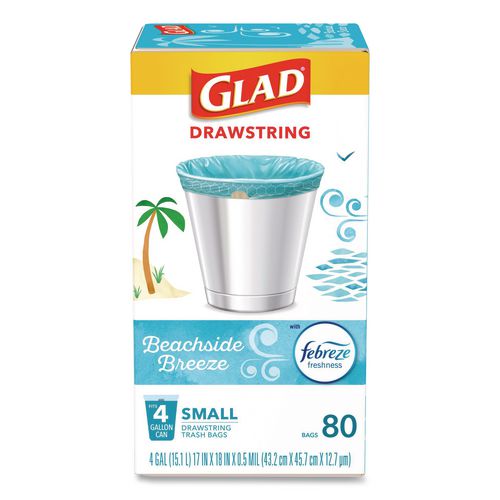 Image of Glad® 79155 OdorShield Small Drawstring Trash Bags, 4 gal, Beachside Breeze Scent, 0.5 mil, 18" x 17", Blue, 80/Box