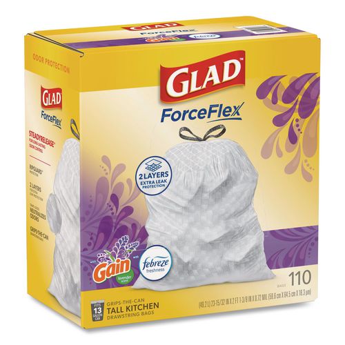Image of Glad® 79157 ForceFlex Tall Kitchen Drawstring Trash Bags, 13 gal, Gain Lavender with Febreze Freshness, 10.18 x 9.81, White, 110/Box