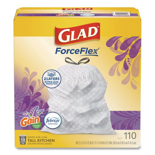 Image of Glad® 79157 ForceFlex Tall Kitchen Drawstring Trash Bags, 13 gal, Gain Lavender with Febreze Freshness, 10.18 x 9.81, White, 110/Box