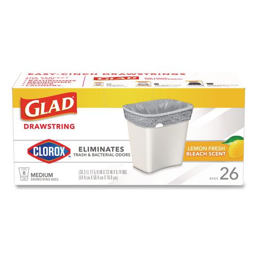 Image of Glad® 79316 Medium Drawstring Trash Bags with Clorox, 8 gal, Lemon Fresh Bleach Scent, 0.74 mil, 23" x 21.63", Gray, 26/Box
