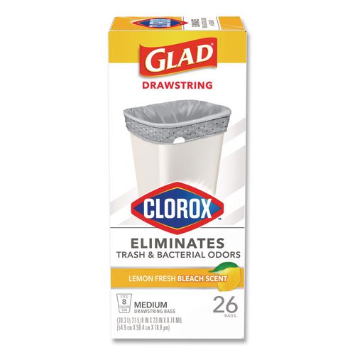 Image of Glad® 79316 Medium Drawstring Trash Bags with Clorox, 8 gal, Lemon Fresh Bleach Scent, 0.74 mil, 23" x 21.63", Gray, 26/Box