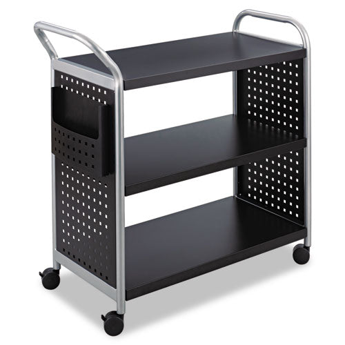 Image of Safco® 5339BL Scoot Three Shelf Utility Cart, Metal, 3 Shelves, 1 Bin, 300 lb Capacity, 31" x 18" x 38", Black/Silver