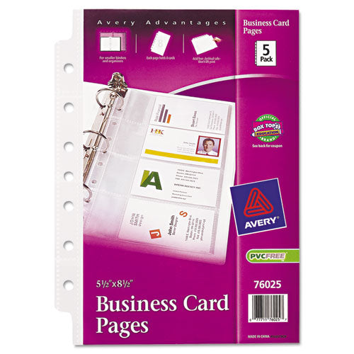 Image of Avery® 76025 Business Card Binder Pages, For 2 X 3.5 Cards, Clear, 8 Cards/sheet, 5 Pages/pack