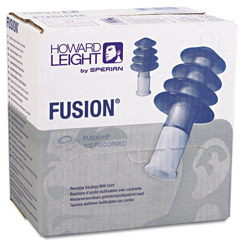 Image of Howard Leight® by Honeywell FUS30-HP Fusion Multiple-Use Earplugs, Corded, 27 dB NRR, One Size Fits Most, Blue/Yellow 4-Flange Plugs, 100/Box