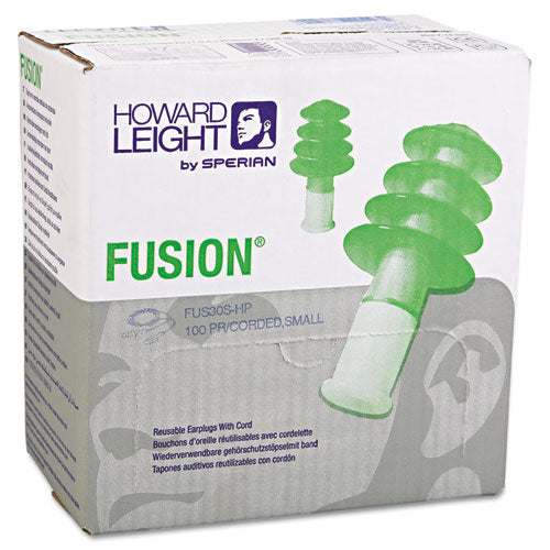 Image of Howard Leight® by Honeywell FUS30S-HP Fusion Multiple-Use Earplugs, Corded, 27 dB NRR, Small, Green/Yellow 4-Flange Plugs, 100/Box