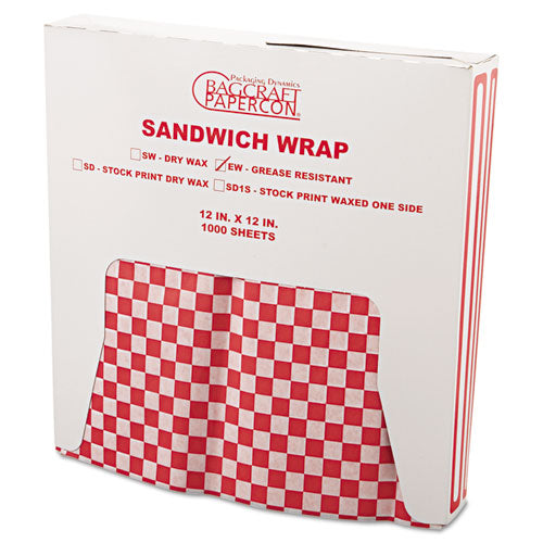 Image of Bagcraft P057700 Grease-Resistant Paper Wraps And Liners, 12 X 12, Red Check, 1,000/box, 5 Boxes/carton